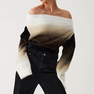 Dawn Ombre Fuzzy Off Shoulder Crop Sweater