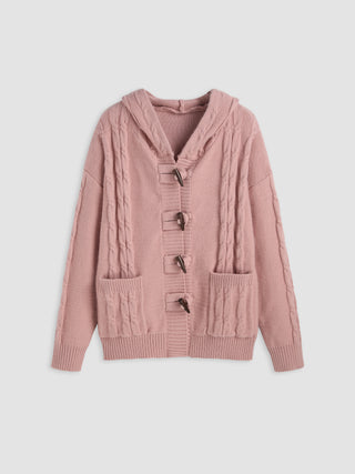 Cable Knit Hooded Solid Button Cardigan