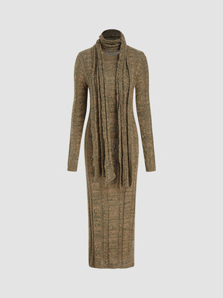 Cable Knit Long Sleeve Split Maxi Dress With Scarf