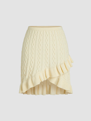 Cable Knit Mid Waist Ruffle Hem Mini Skirt