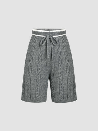 Cable Knit Mid Waist Solid Drawstring Bermuda Shorts