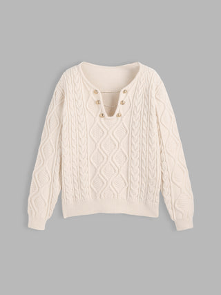 Cable Knit Round Neck Chain Button Long Sleeve Top