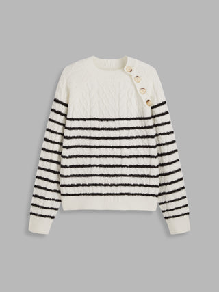 Cable Knit Round Neck Stripe Button Long Sleeve Top