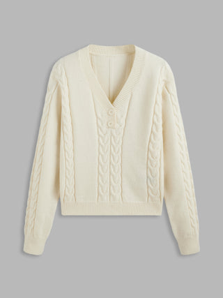 Cable Knit V-neck Button Long Sleeve Top