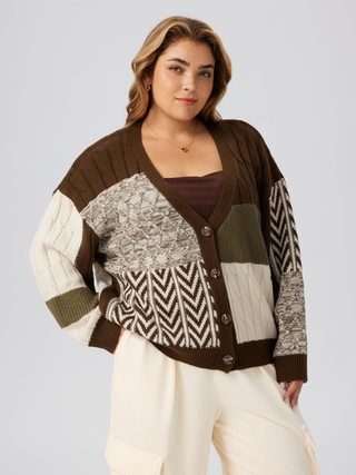 Cable Knit V-neck Geometric Button Cardigan Curve & Plus