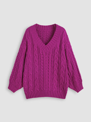 Cable Knit V-neck Solid Knitted Long Sleeve Top