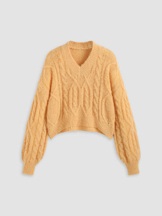 Cable Knit V-neck Solid Long Sleeve Top