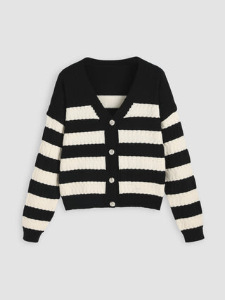 Cable Knit V-neck Stripe Button Cardigan