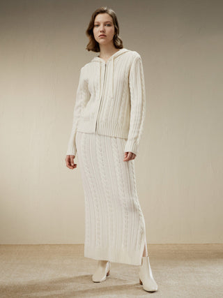 Cable Knit Wool Maxi Skirt (White / L)