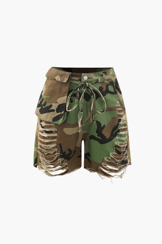 Camo Destroyed Cargo Shorts (XS / OLIVE)