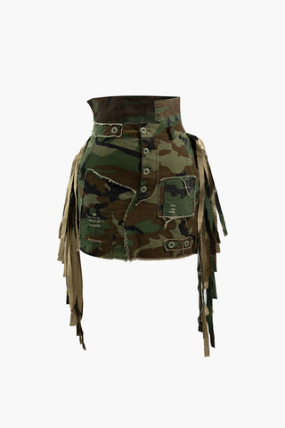 Camo Frayed Patchwork Fringe Mini Skirt (XXL / MULTICOLOR)