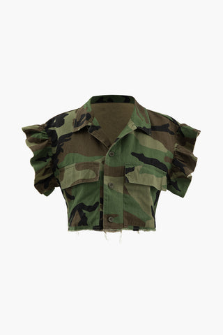 Camo Ruffle Sleeve Crop Frayed T-Shirt (S / MILITARY)