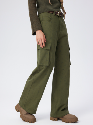 Cargo Middle Waist Floral Button Straight Leg Trousers