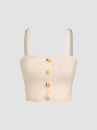 Carrot Button Square Neck Crop Top (M / Khaki)