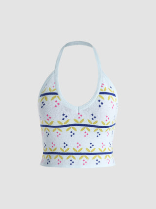 Cartoon Flowers Halter Top (L / Blue)