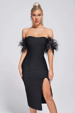 Cealia Feather Off Shoulder Midi Bandage Dress (S / Black)