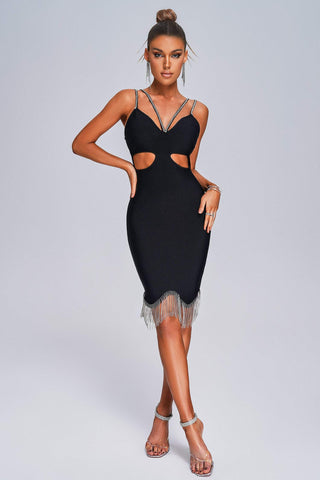 Chala Rhinestone Tassel Mini Bandage Dress (M / Black)