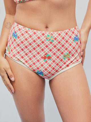 Check & Floral Binding Trim Cheeky Bikini Bottom