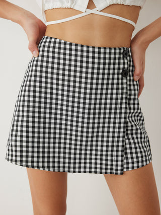 Check High Waist Button Mini Skort