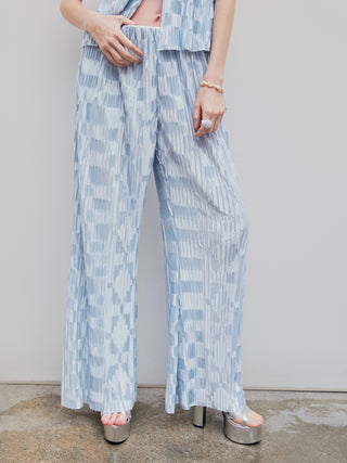 Check Satin Elastic Waist Flared Trousers