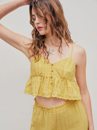 Check V-neck Eyelet Crop Top