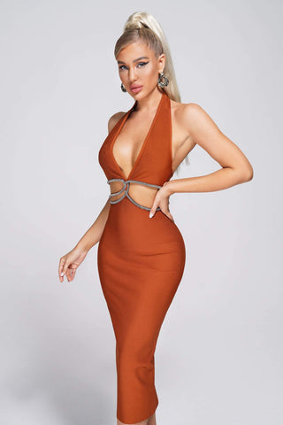 Cherry Halter Diamonate Midi Bandage Dress