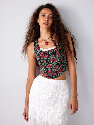 Cherry Lace Trim Crop Top (M / Black)