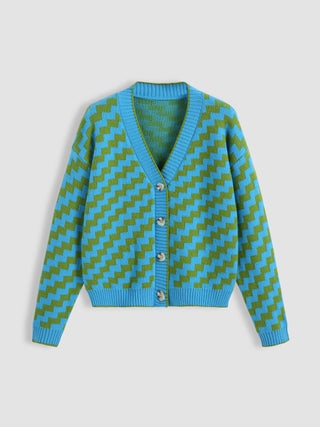 Chevron V-neck Button Up Cardigan (M / Blue)