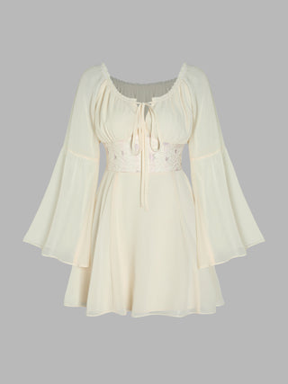 Chiffon Bell Sleeve Short Dress (L / Beige)