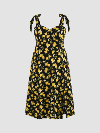 Chiffon Lemon Print Ruffle Hem Tie Shoulder Split Midi Dress Curve & Plus