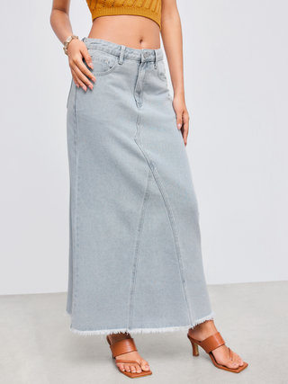 Cider Denim Mid Rise Solid Raw Hem Maxi Skirt (XS / Baby Blue)