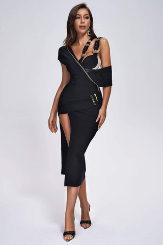 Clark Irregular Midi Bandage Dress (S / Black)