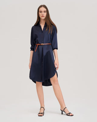 Classic Freesia Silk Shirt Dress (Navy Blue / M)