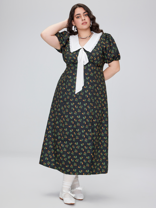 Collar Bowknot Floral Split Midi Dress Curve & Plus