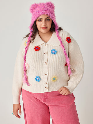 Collar Button Flower Sweater Curve & Plus