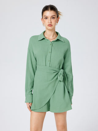 Collar Button Up Knotted Romper