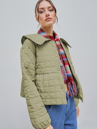 Collar Geometric Button Puffer Quilted Jacket