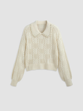 Collar Hollow Out Faux Pearl Knitted Long Sleeve Sweater