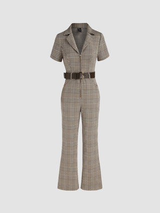 Collar Houndstooth Zipper Jumpsuit With Belt