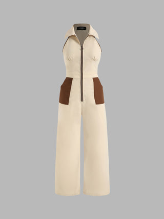 Collar Pocket Jumpsuit (M / Beige)