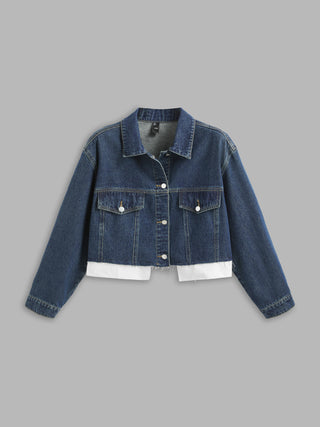 Collar Solid Button Denim Outerwear Curve & Plus