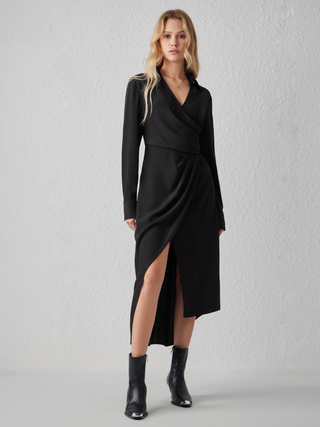 Collar Solid Button Midi Dress