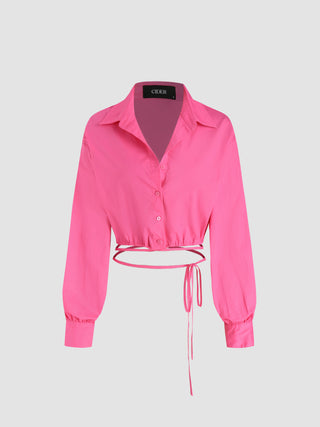 Collar Solid Drawstring Long Sleeve Crop Blouse