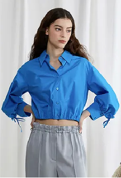 Collar Solid Drawstring Long Sleeve Crop Blouse