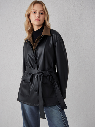 Collar Solid Pocket Belted Shacket