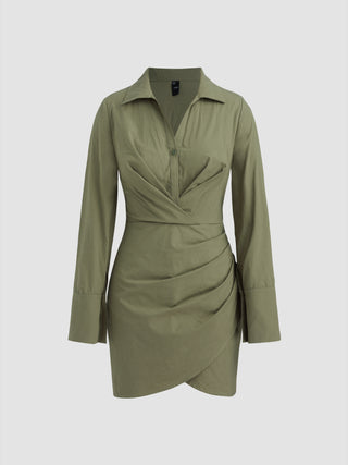 Collar Solid Ruched Shirt Dress