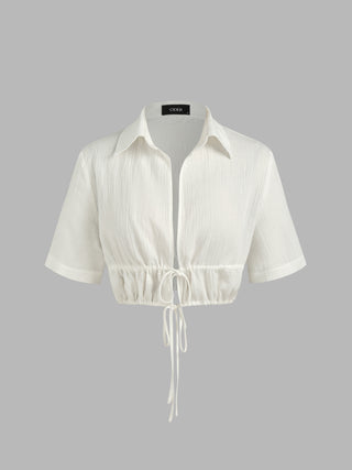 Collar Solid Ruched Short Sleeve Crop Blouse