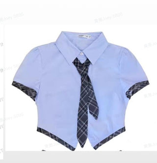 Collar Solid Short Sleeve Blouse With Tie