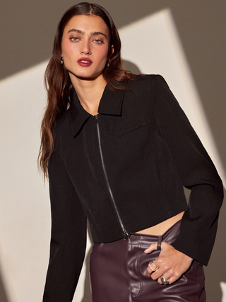 Collar Solid Zip Up Crop Blazer