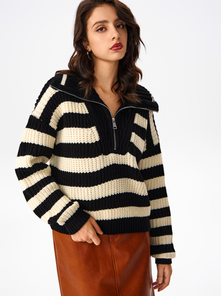 Collar Stripe Zipper Knitted Long Sleeve Top